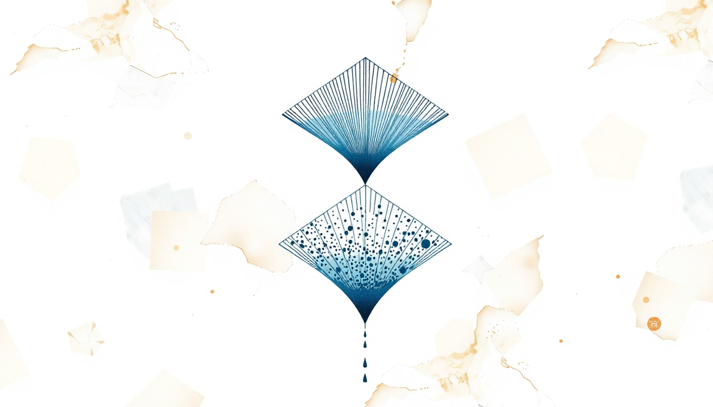 Three geometric abstractions with converging lines and scattered dots.