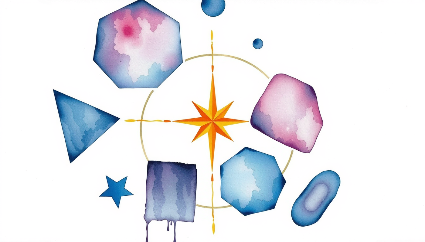 Eight abstract geometric shapes in indigo and purple, interconnected.