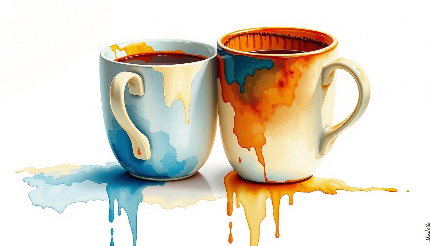 Two overlapping coffee cups in warm, muted tones on marble.