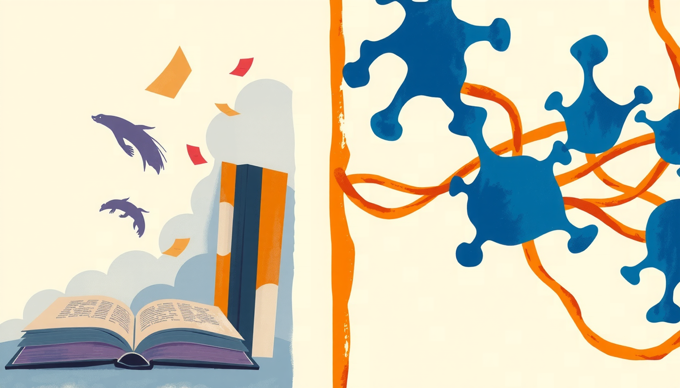 Contrasting scenes of fading notes and glowing neural connections.