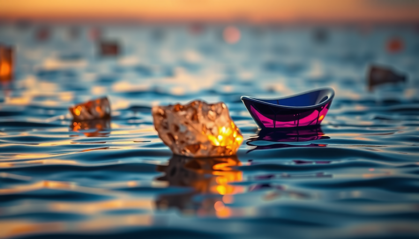 Twilight ocean with glowing memory islands and a color-changing boat.