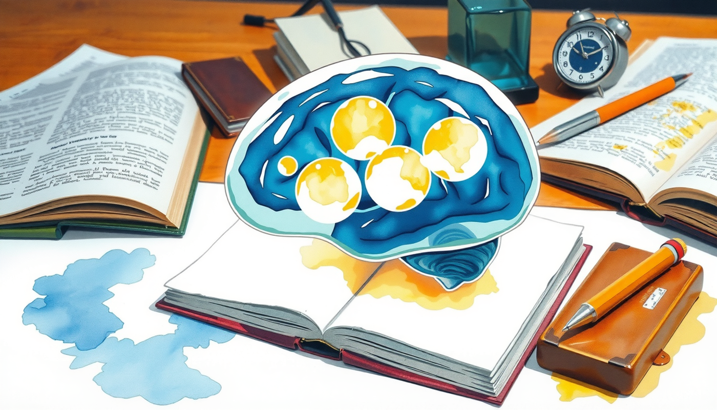 Translucent glass brain on wooden desk with glowing memory orbs.