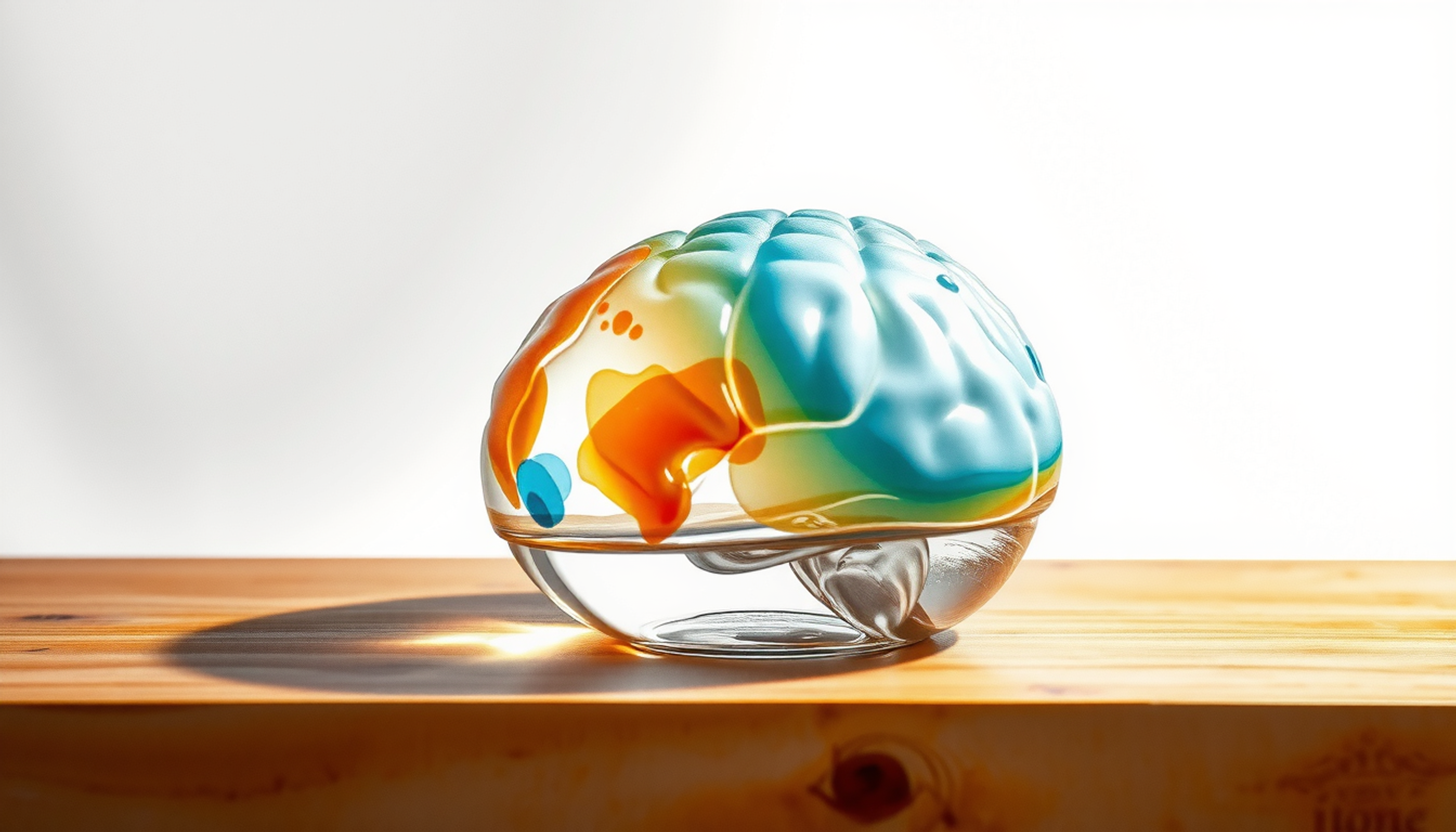 Translucent glass brain on wooden desk, symbolizing distorted memories.
