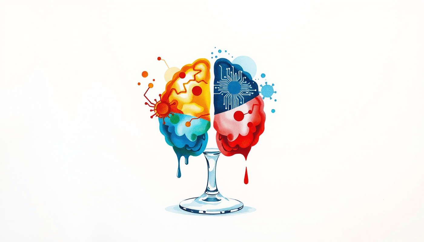 Translucent glass brain with glowing organic pathways and geometric circuits.