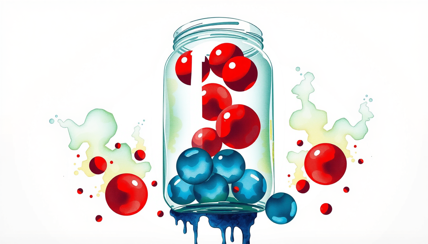 Large glass jar overflowing with colorful orbs, chaotic red orbs pushing down.