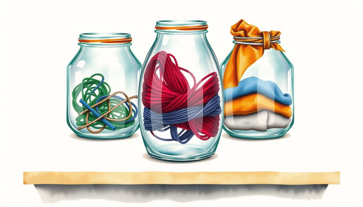 Three glass jars showing knowledge transformation from chaos to order.