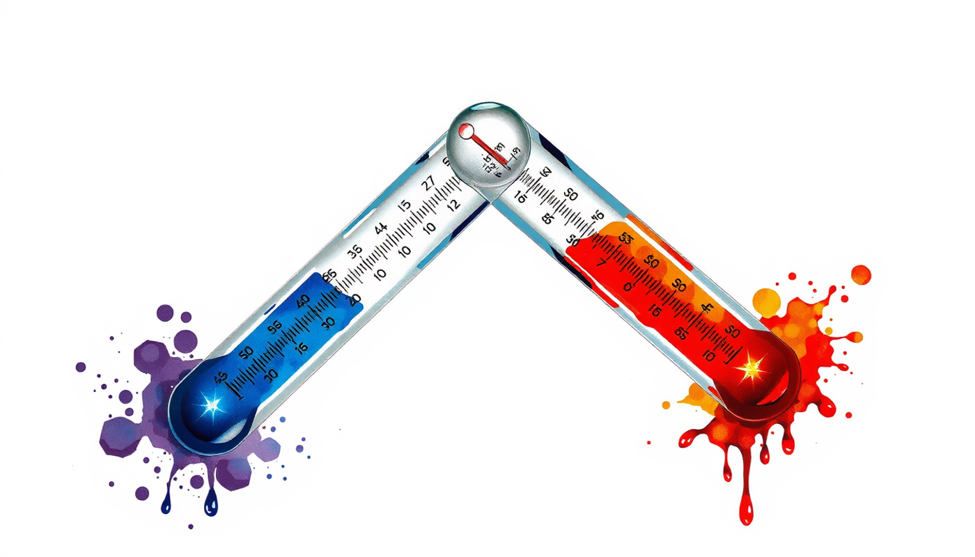 Two glass thermometers with contrasting mercury levels and a cracked bridge.