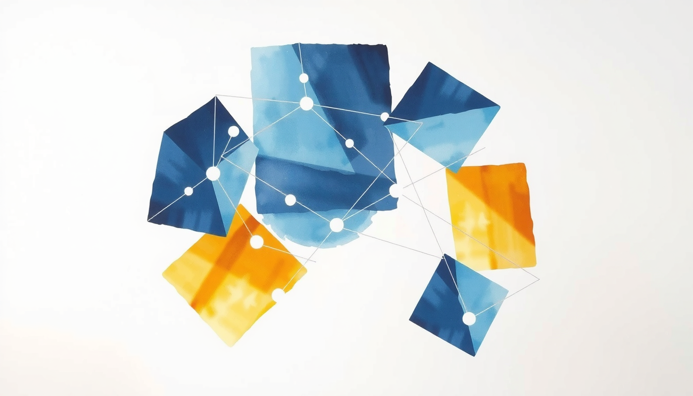 Eight glowing geometric shapes in indigo and gold forming a network.
