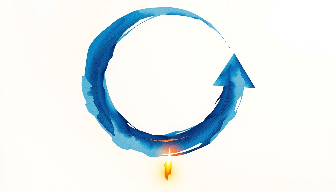 Glowing circular arrow loop with spark, indigo and orange accents.