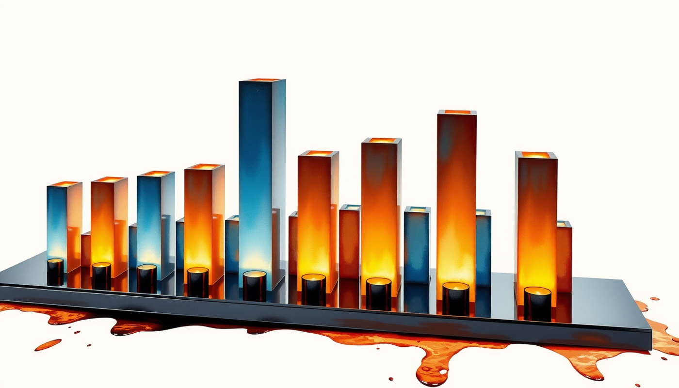 3D bar chart sculpture with glowing metallic bars on dark surface.