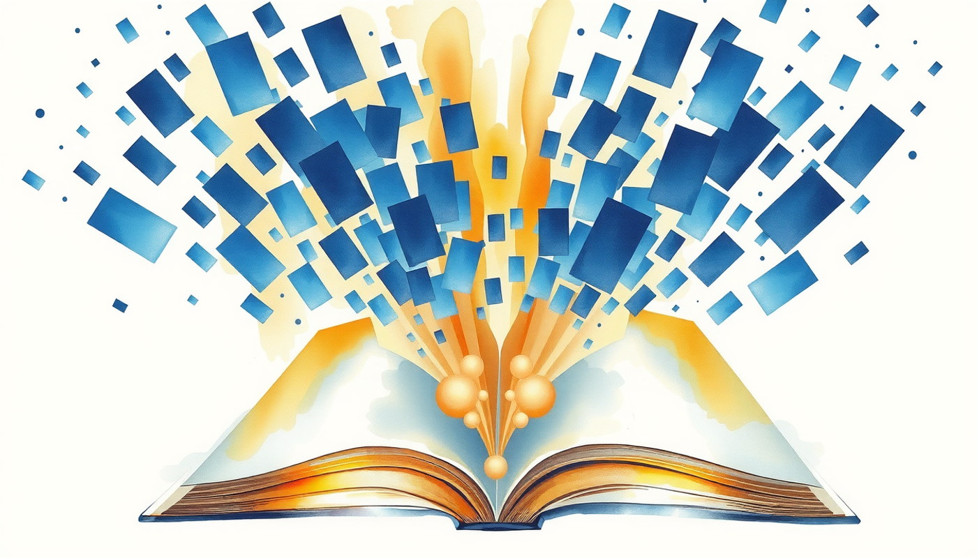 Glowing book transforming into luminous flashcards in dreamy blue and gold.