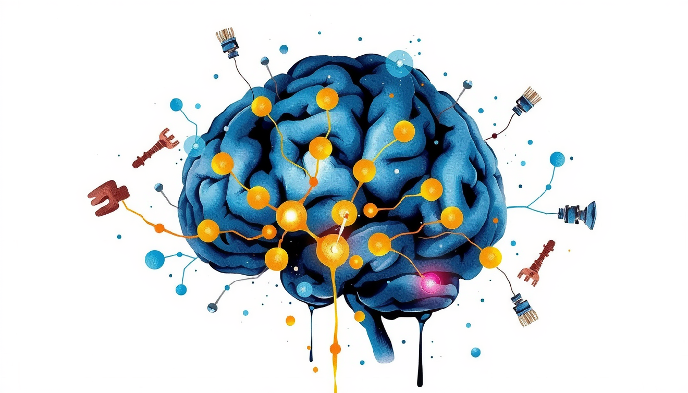Glowing brain with luminous pathways and anatomical structures in orbit.