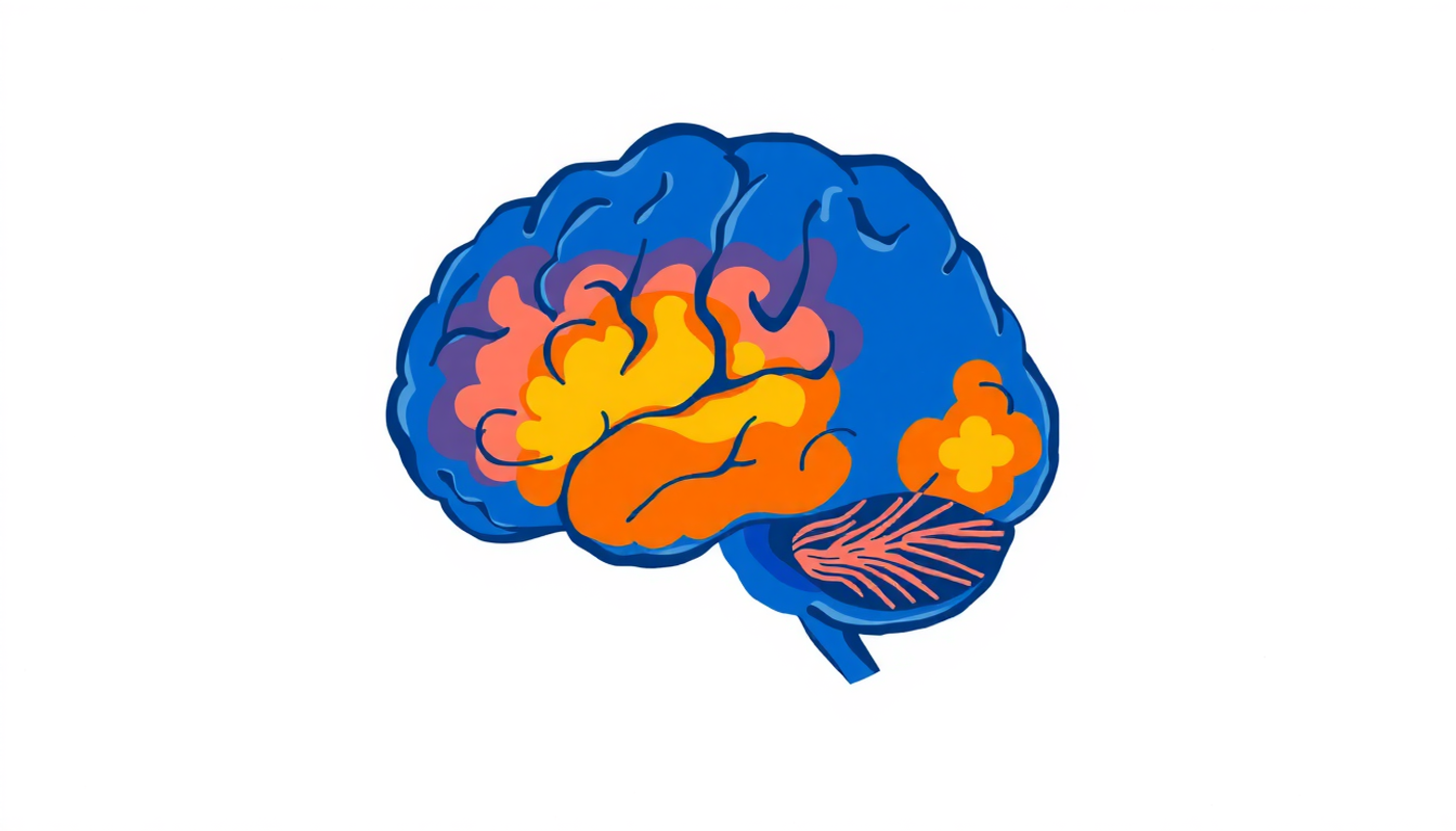 Transparent human brain side view highlighting metacognitive hub and conflict detector.