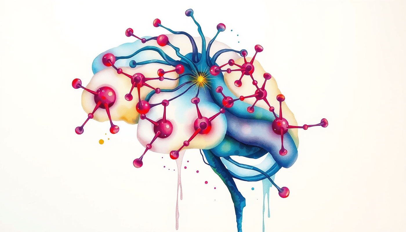 Stylized brain tissue cross-section with glowing nodes and filaments.