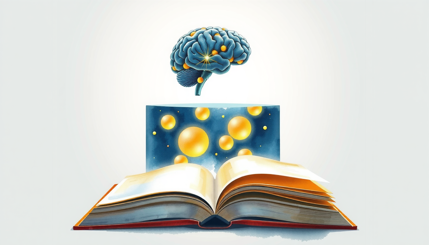 Podium with glowing brain, dots, and faded book in indigo gold.
