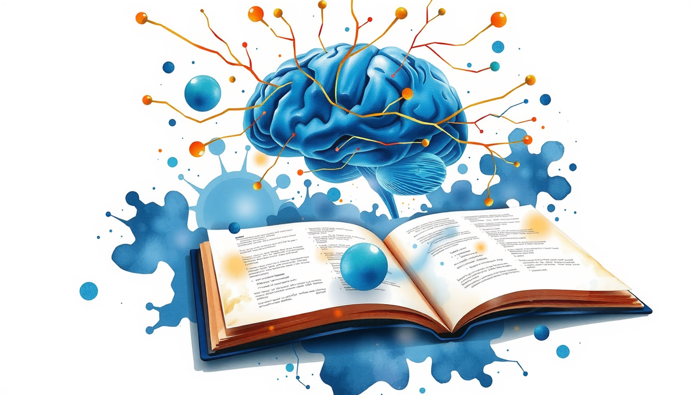 Glowing brain above an open textbook with luminous neural pathways.