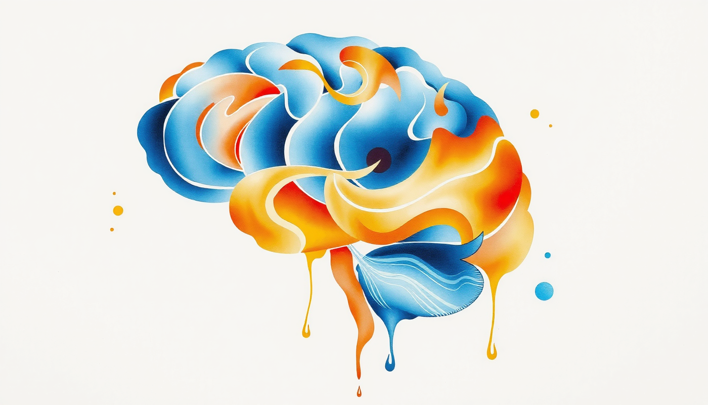 Translucent glowing brain with indigo and amber lights intertwining in dark space.