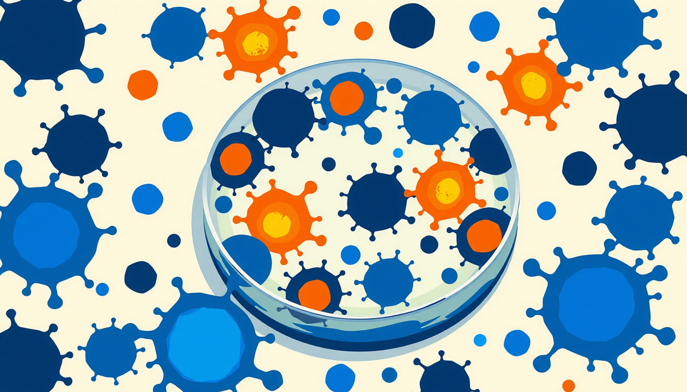 Glowing cells in a petri dish with vibrant molecular cascades.