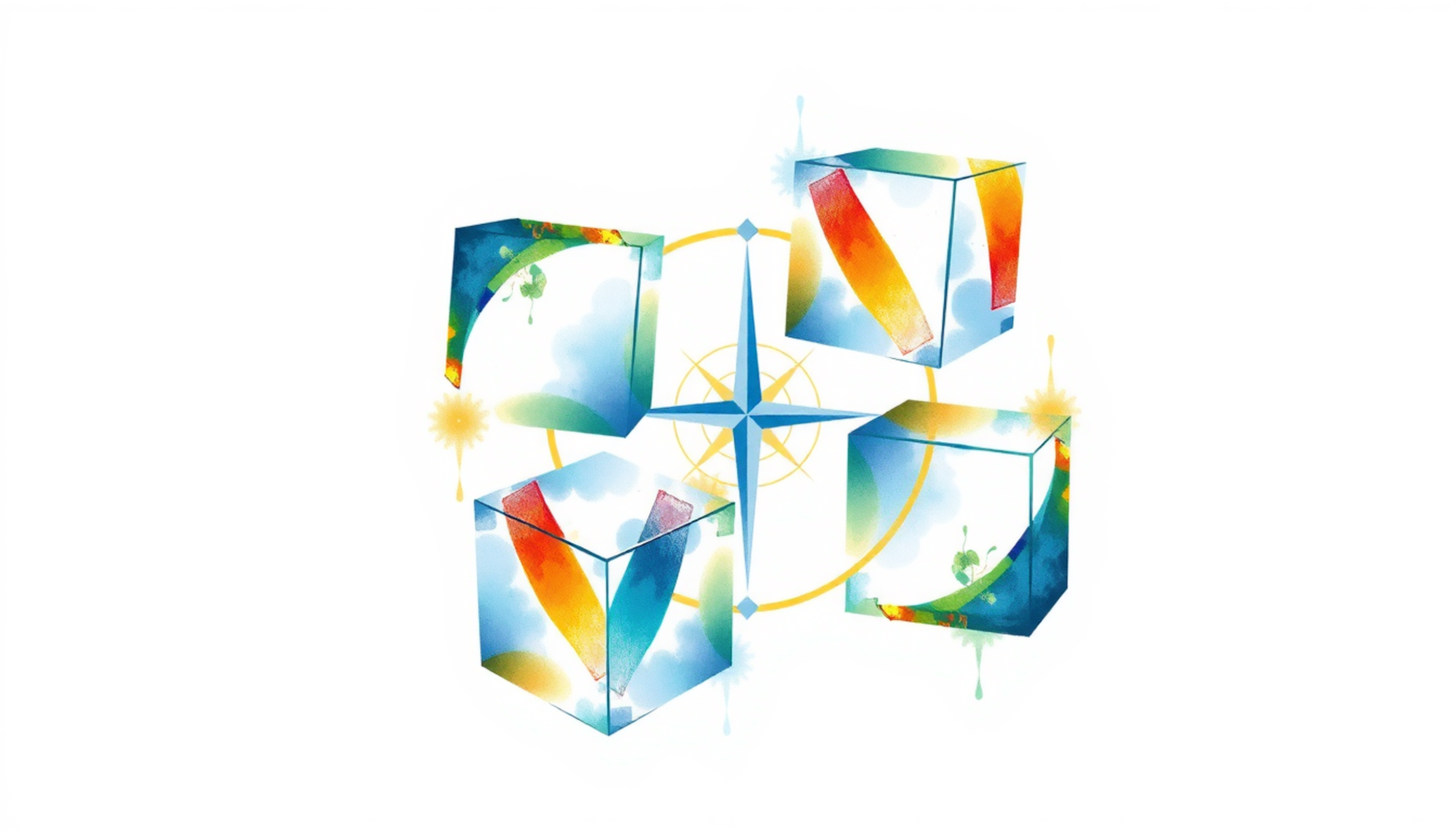 Circular diagram of glowing cubes connected by light beams on navy background.