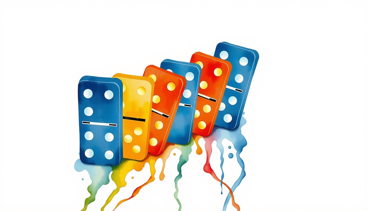 Curved dominoes glowing brighter, symbolizing energized learning progression.