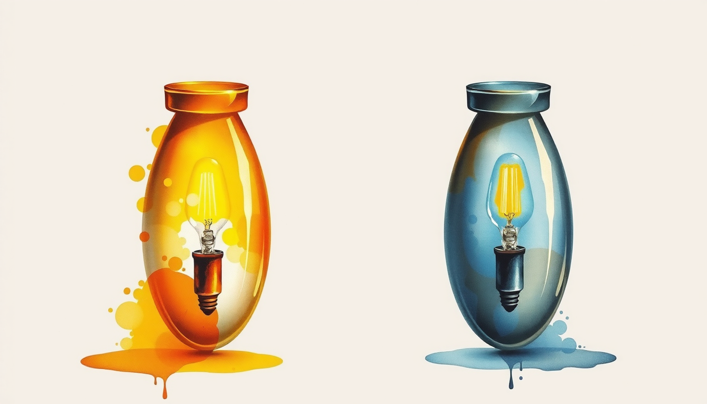 Glowing filament in glass vessel beside dark, cool counterpart.