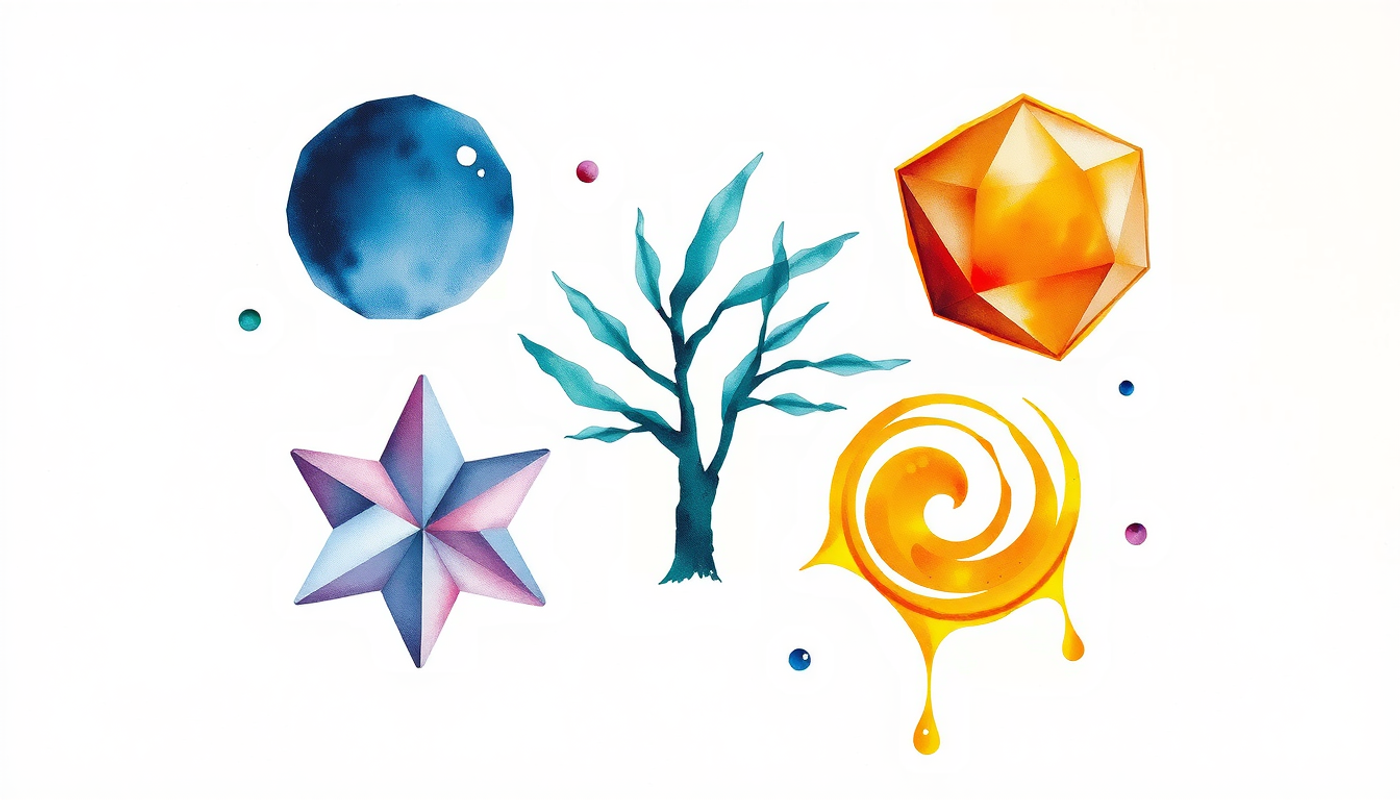 Translucent geometric shapes glowing in blue, purple, green, and amber.