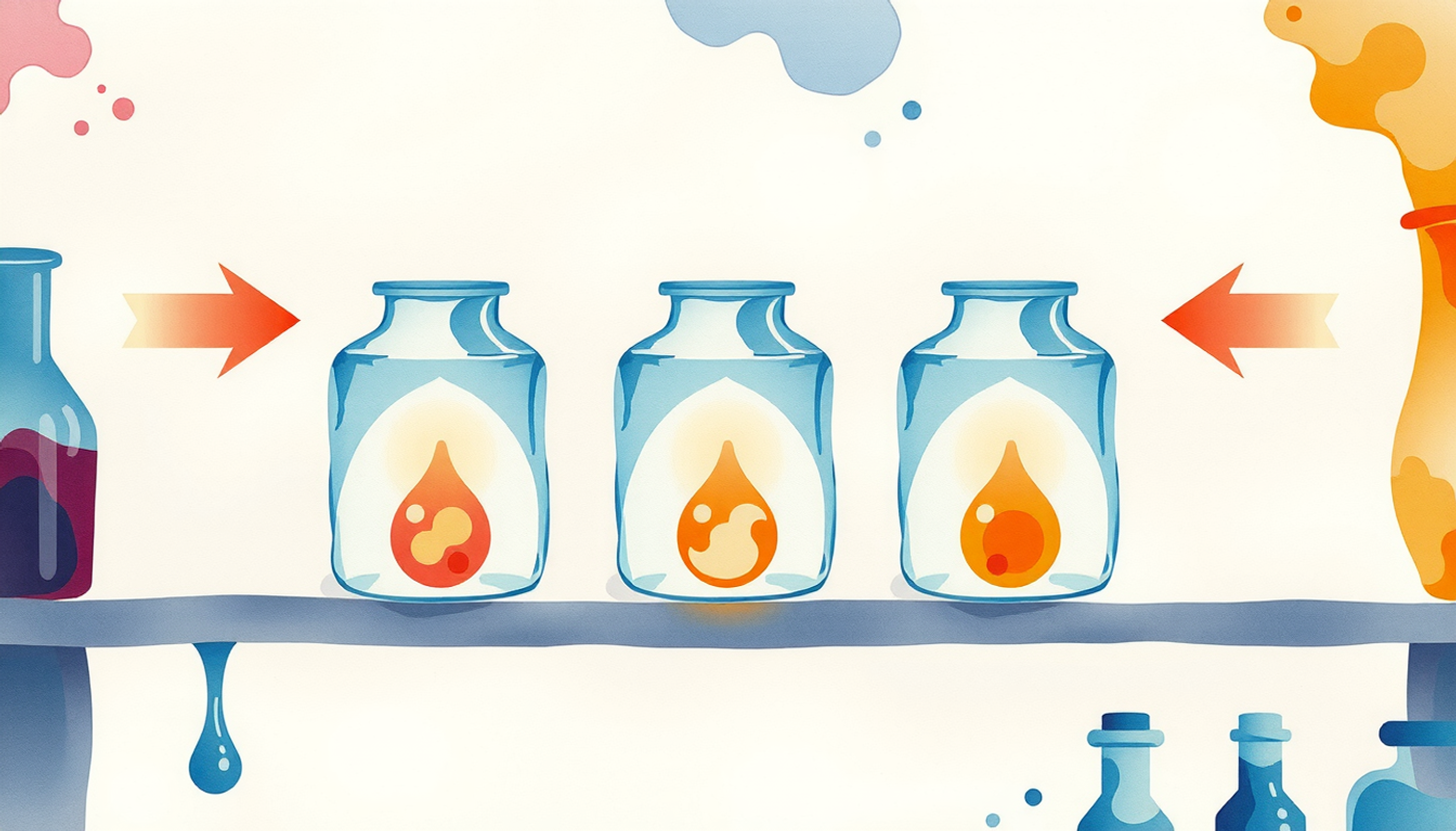 Three glowing glass containers on a lab shelf, illustrating memory processes.
