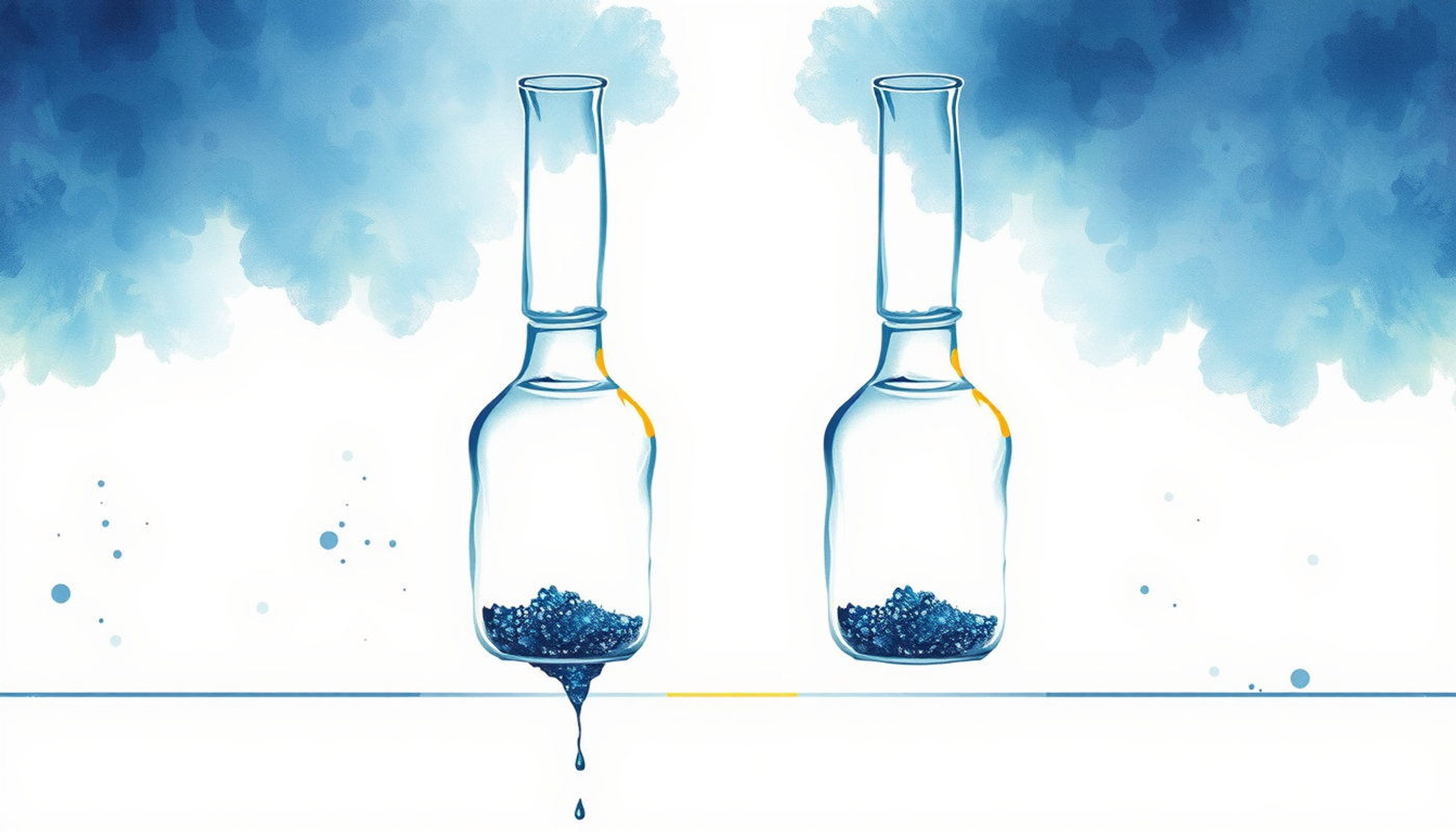 Two glowing glass jars leaking fine particles on a shelf.