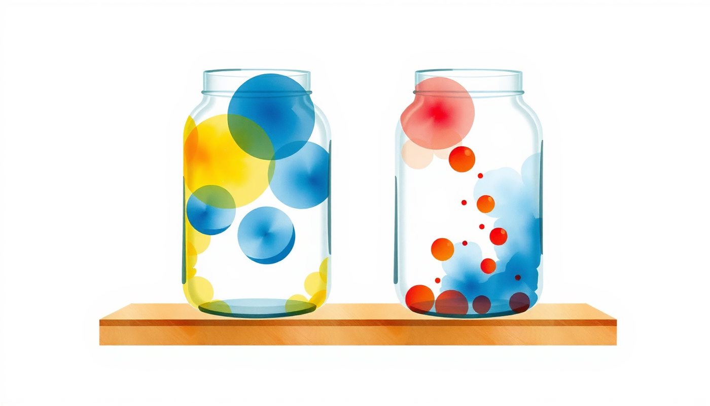 Translucent glass jars with indigo orbs and amber particles on shelf.