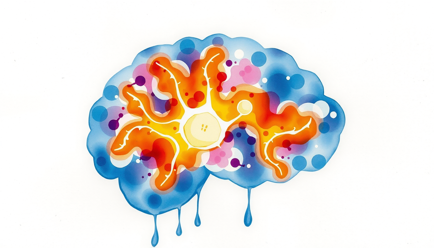 Hippocampus glowing amber with memory traces in cool blue-violet brain.