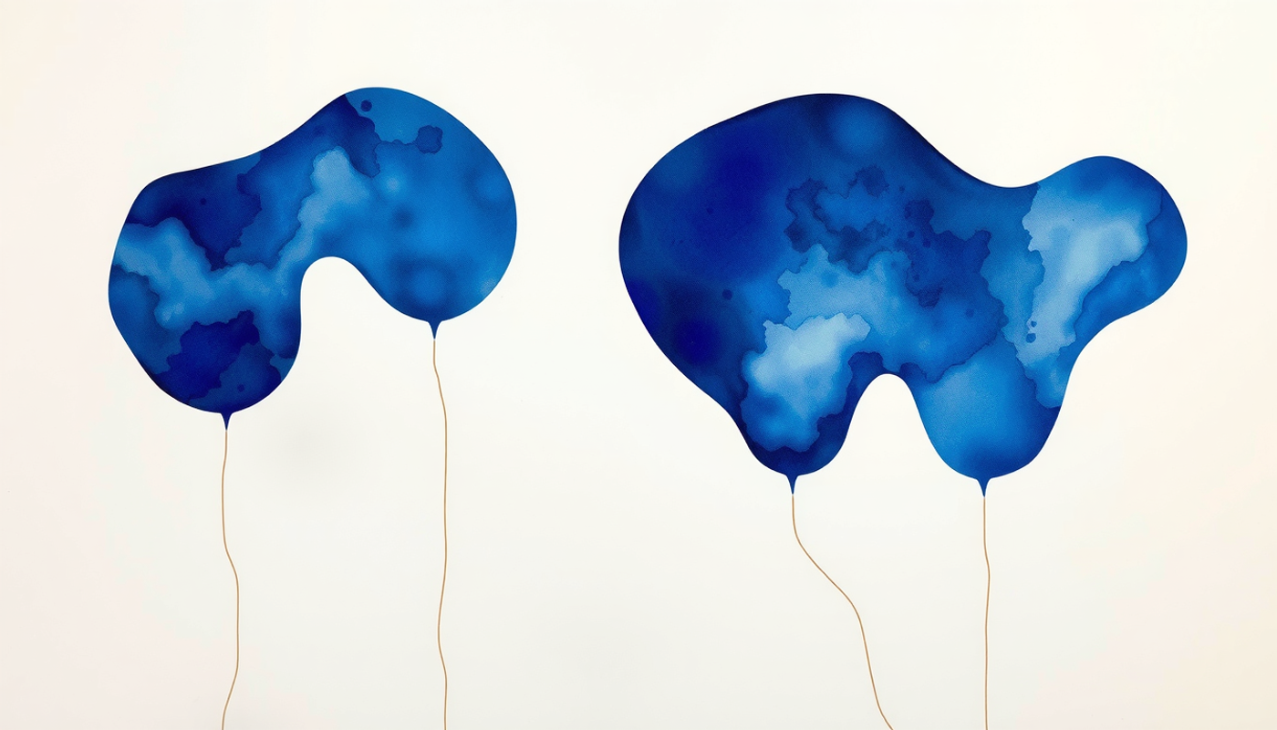 Glowing indigo islands connected by amber filaments on cream background.