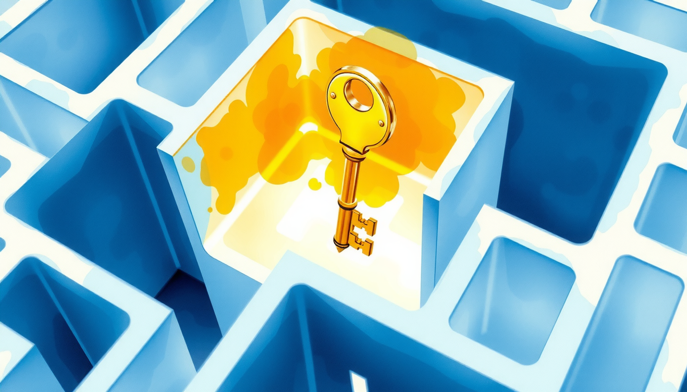 Bright golden key floating above a complex blue maze.