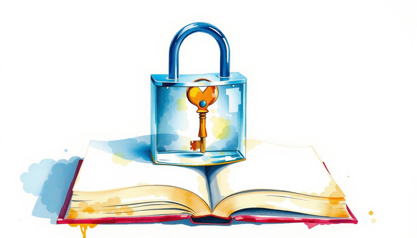 Glowing key in transparent padlock on open book, symbolizing hidden knowledge.
