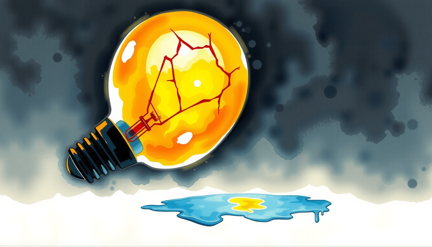 Glowing half-golden, half-cracked lightbulb symbolizing insight's dual nature.