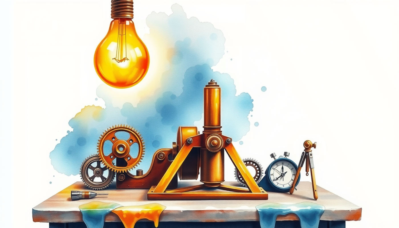 Glowing glass lightbulb above vintage brass gears and scientific instruments.