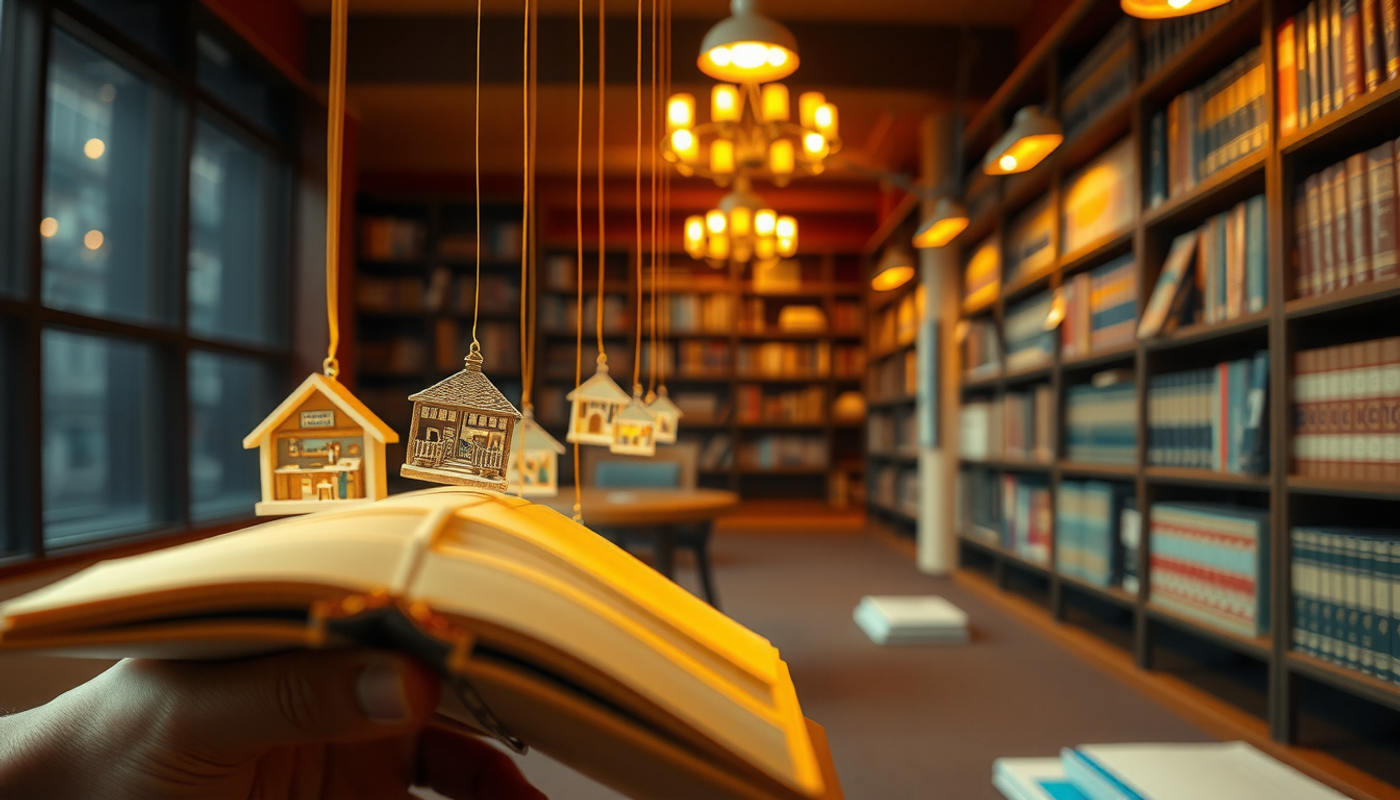 Vast library with glowing threads connecting books to floating scenes.