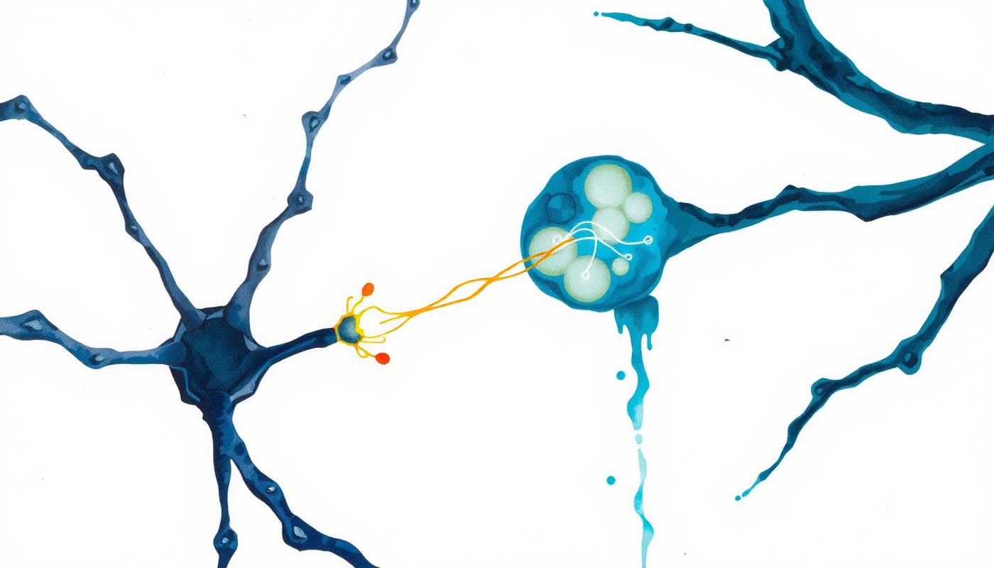 Glowing microglial cell interacting with a red-tagged synapse in deep space.