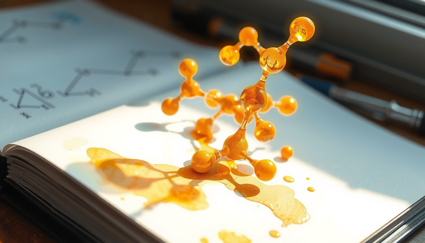 Glowing question mark above chemistry notebook, radiating warm light and curiosity.