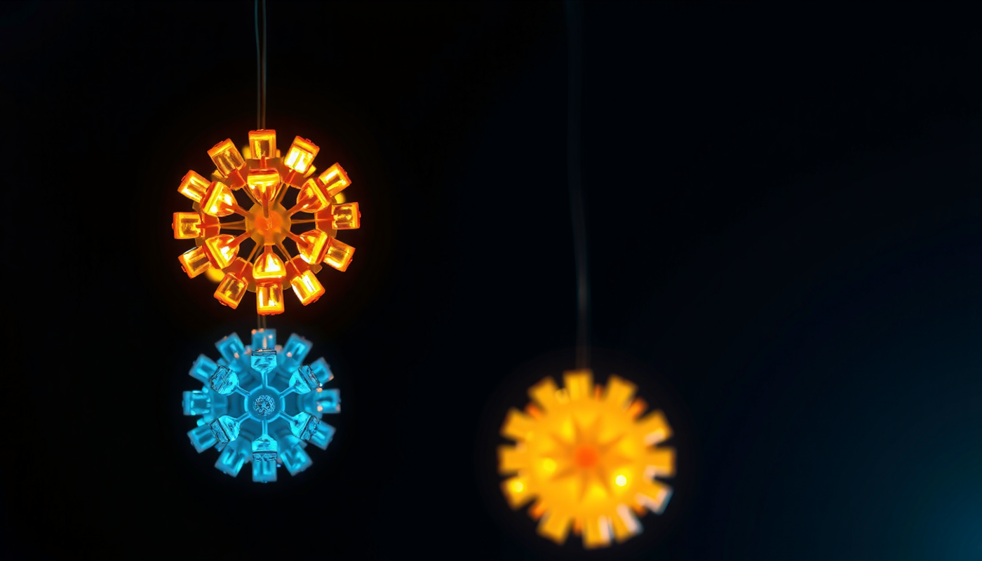 Vertical cascade of glowing molecular structures in brain regions.