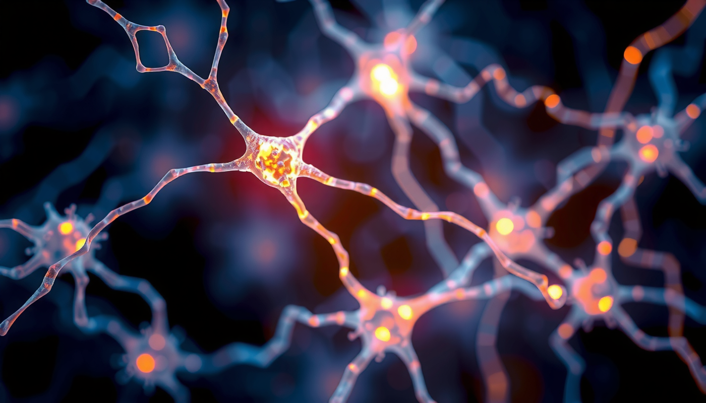 Microscopic view of glowing neural circuits in indigo and amber.