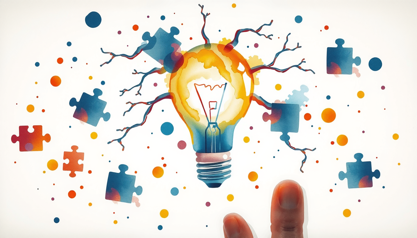 Glowing neural lightbulb above dark surface with rearranging puzzle pieces.