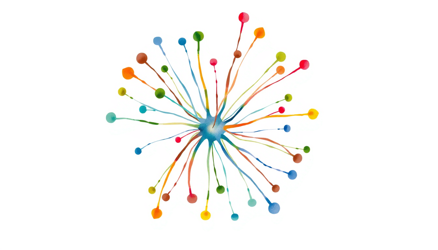 Glowing neural network hub with colorful threads representing languages.