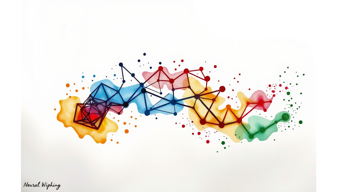 Softly glowing neural network branching into geometric patterns and fading particles.