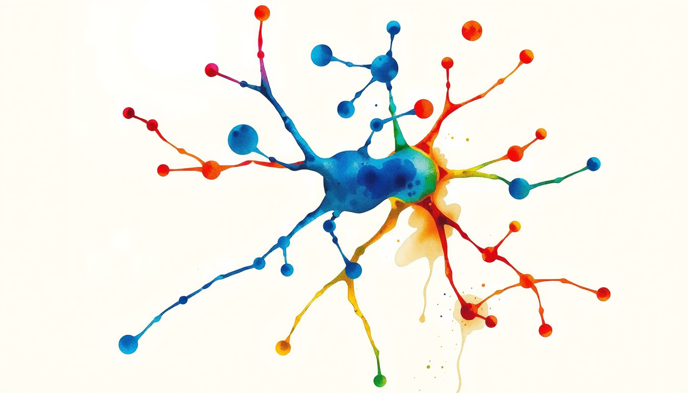 Glowing neural synapse with protein molecules in synaptic gap.