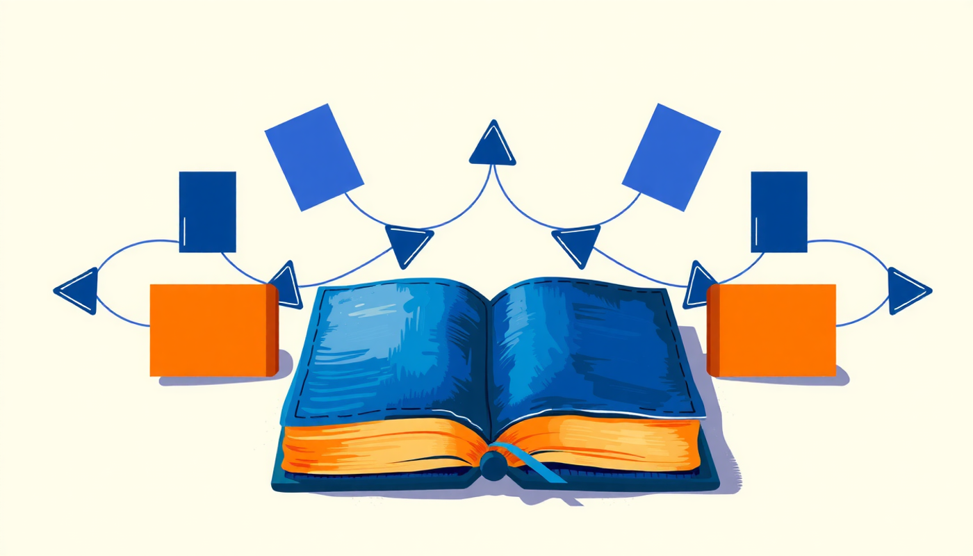 Glowing notebook with flashcards and arrows in soft indigo and amber.