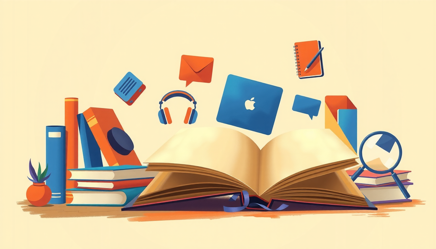 Glowing open book on a desk with floating learning icons.