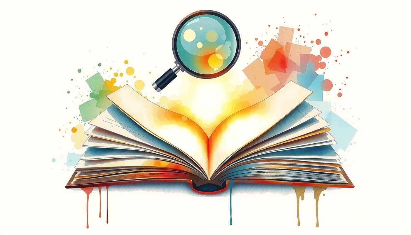 Open book with glowing pages and magnifying lens highlighting details.