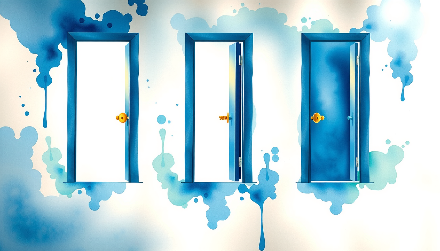 Five glowing doorways in an ethereal corridor, each unlocking new possibilities.