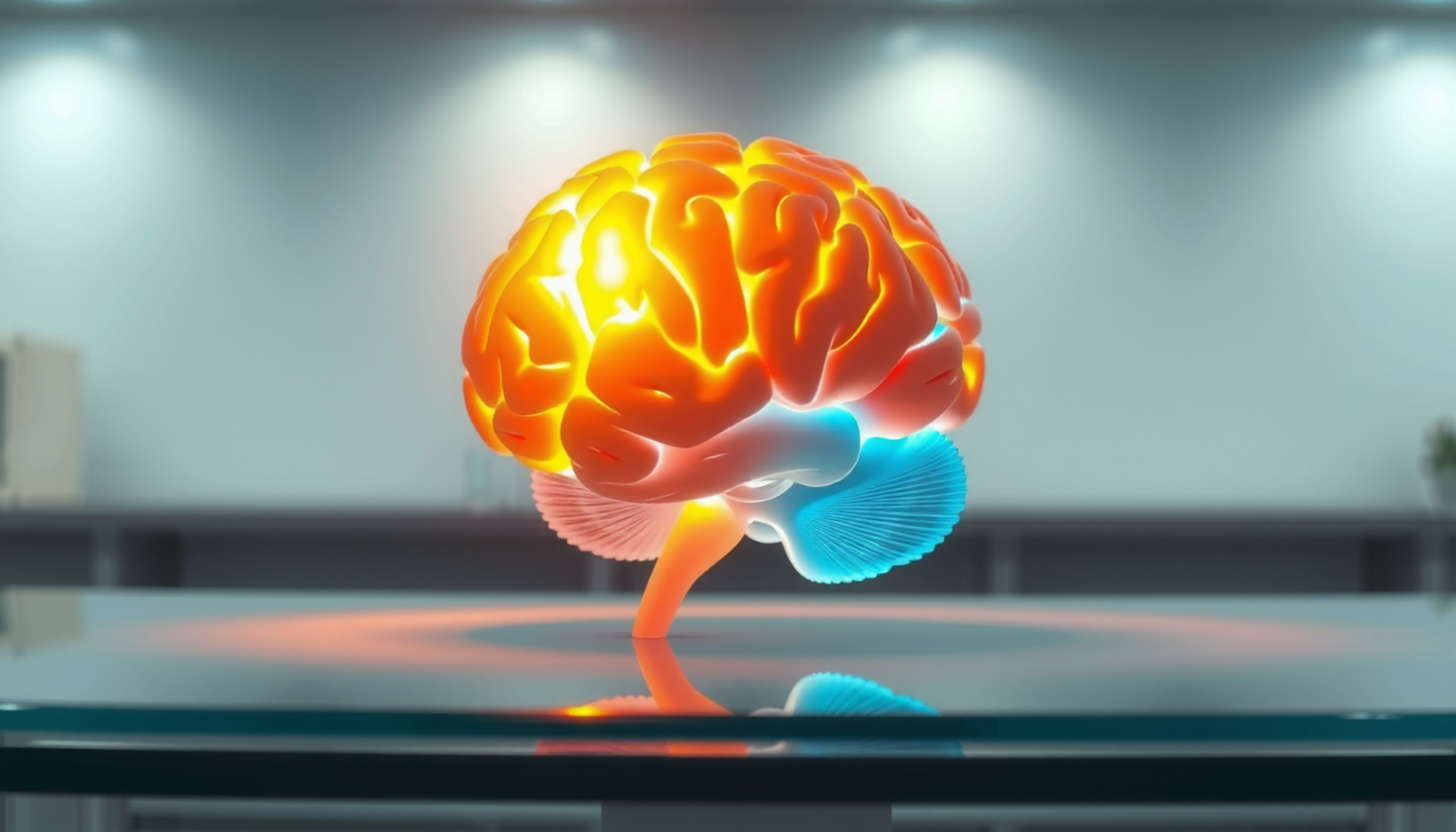 Prefrontal cortex glowing with activity, temporal lobe pathways fading.