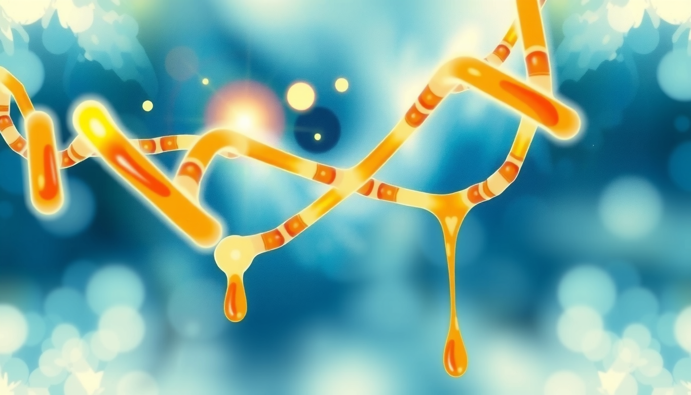 Glowing protein chain breaking and reforming with golden light underwater.